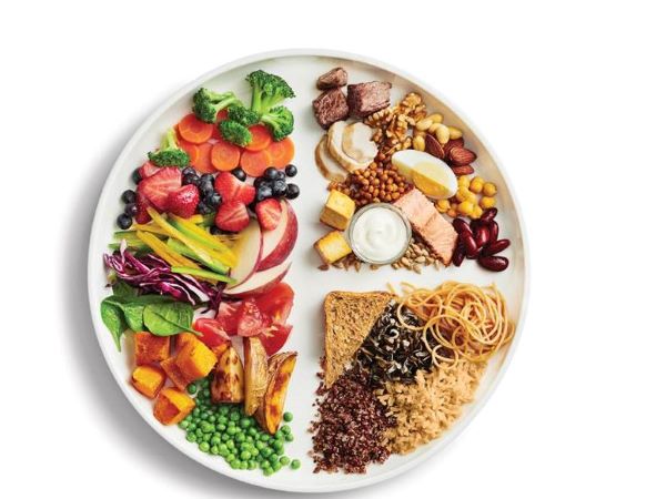 Plate with 1/2 vegetables and fruits, 1/4 protein and 1/4 whole grains