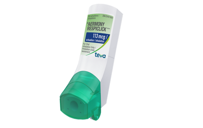 Green and white RespiClick brand inhaler